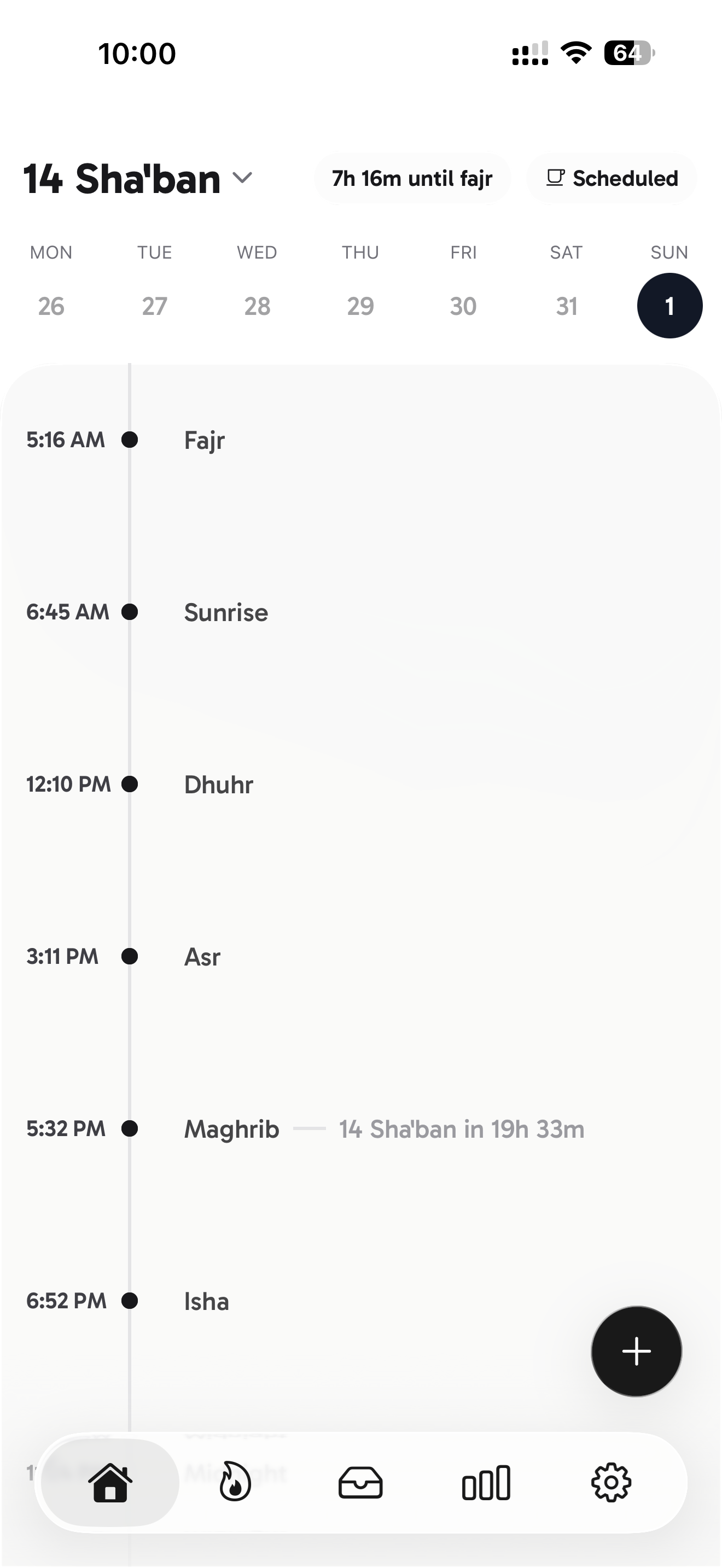 Zarrah app home screen showing prayer times, Hijri calendar, and smart countdown