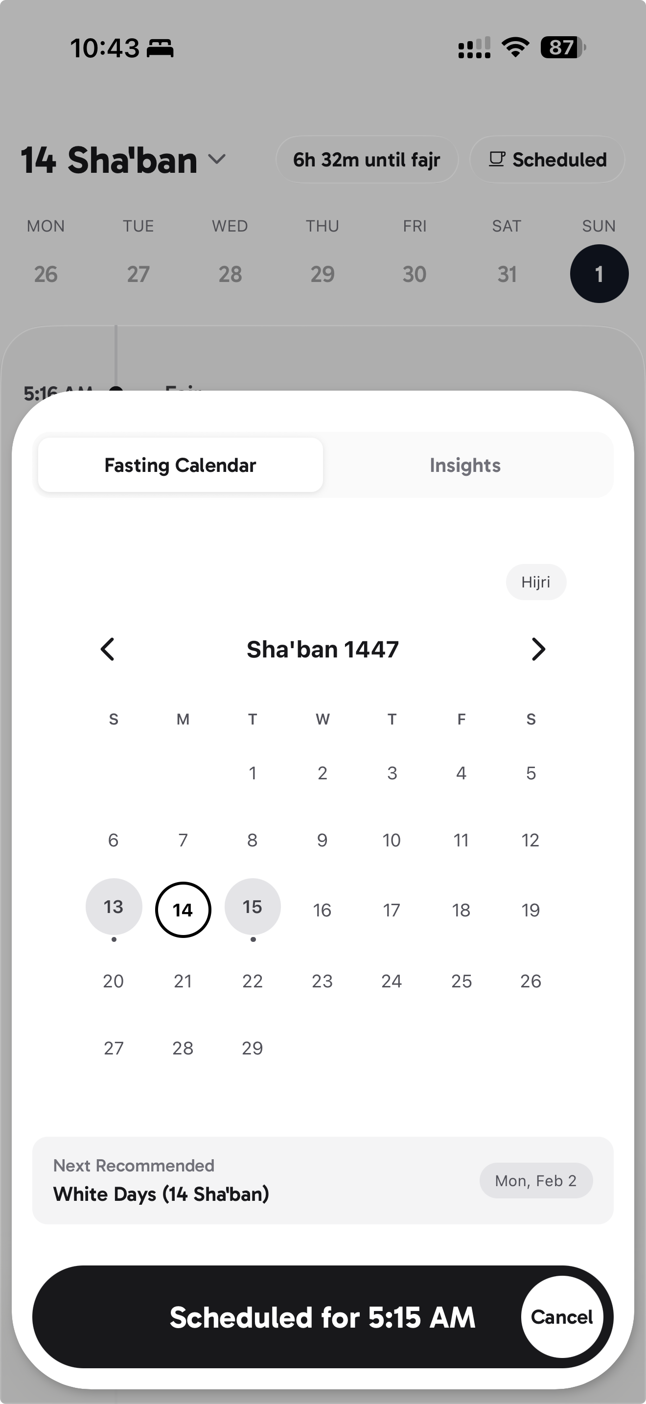 Zarrah app fasting calendar showing Hijri month view and highlighted White Days