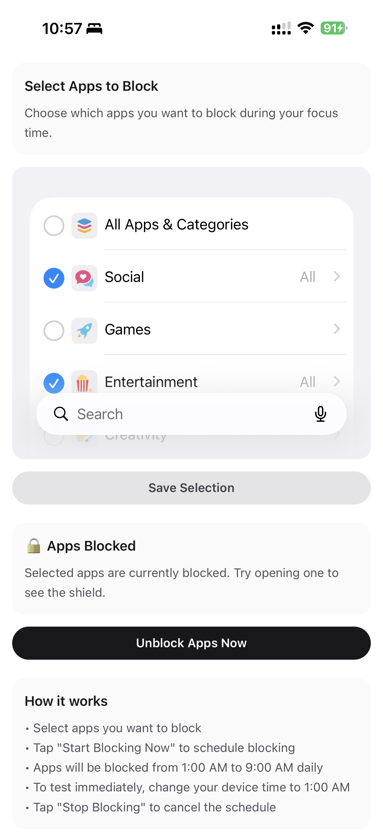 Zarrah app focus mode showing app blocking by category